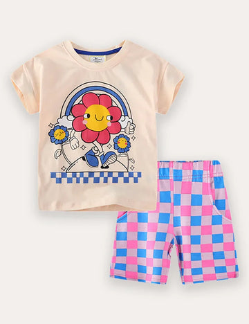 Cartoon Flower Print Short Sleeve T-Shirt and Shorts Set